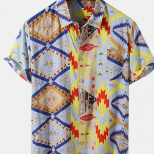 Mens Argyle Geo Print Button Up Cotton Short Sleeve Shirts discountshub