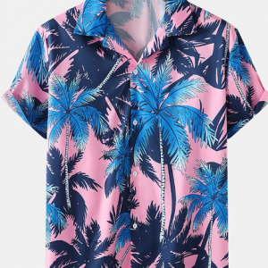 Mens Coconut Tree Print Hawaii Holiday Short Sleeve Shirts discountshub