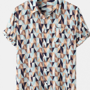 Mens Geometric Spot Printed Lapel Holiday Short Sleeve Shirts discountshub