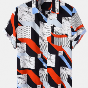 Mens Geometry Print Button Up Casual Holiday Short Sleeve Shirt With Pocket discountshub