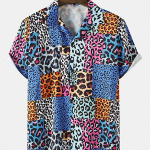 Mens Mixed Leopard Print Revere Collar Short Sleeve Shirt discountshub