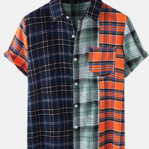 Mens Multicolor Plaid Patchwork Button Lapel Short Sleeve Casual Shirt discountshub