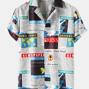 Mens Newspaper All Over Print Button Up Street Short Sleeve Shirts discountshub