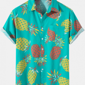 Mens Pineapple Fruit Print High Low 100% Cotton Short Sleeve Shirts discountshub