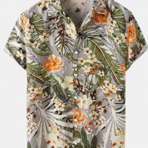 Mens Plant Floral Print Lapel Button Up Short Sleeve Shirt discountshub