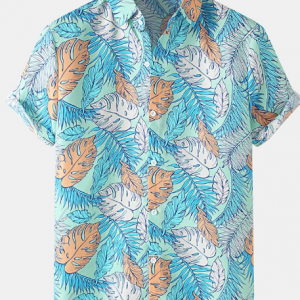 Mens Tropical Leaf Print Lapel Hawaii Holiday Short Sleeve Shirts discountshub