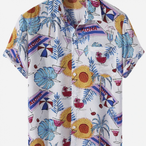 Mens Tropical Plant Print Holiday 100% Cotton Short Sleeve Shirts discountshub