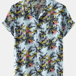 Mens Tropical Plant Print Revere Collar Holiday Cotton Short Sleeve Shirts discountshub