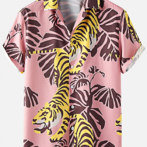 Mens Tropical Tiger Print Revere Collar Holiday Short Sleeve Shirts discountshub