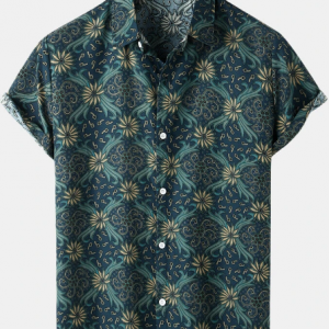 Mens Vintage Floral Print Button Up Short Sleeve Shirt discountshub