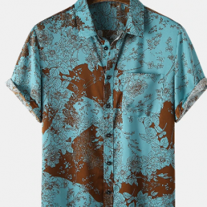 Mens Vintage Floral Print Chest Pocket Short Sleeve Holiday Shirt discountshub