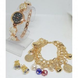 Women Gold Plated Wristwatch + Bracelet + Earring discountshub