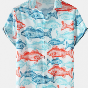 Mens All Over Fish Print Short Sleeve Curved Hem Holiday Shirt discountshub