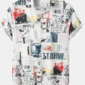 Mens All Over Retro Newspaper Printed Street Short Sleeve Shirts discountshub