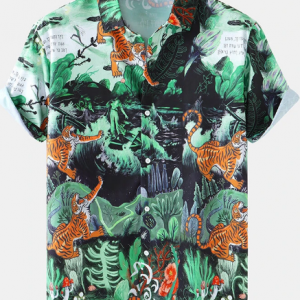 Mens All Over Tiger & Plants Print Street Short Sleeve Shirts discountshub