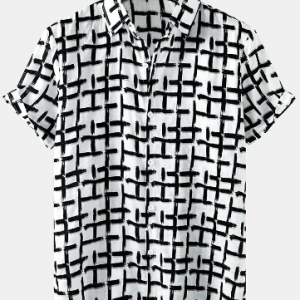 Mens Brush Grid Printing Button Up Short Sleeve Shirts discountshub