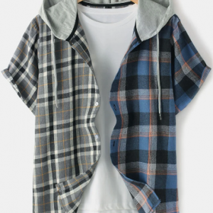 Mens Check Plaid Splice Short Sleeve Preppy Drawstring Shirts With Hood discountshub