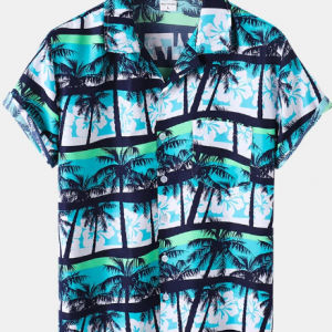 Mens Coconut Tree & Flower Print Hawaii Holiday Lapel Short Sleeve Shirt discountshub