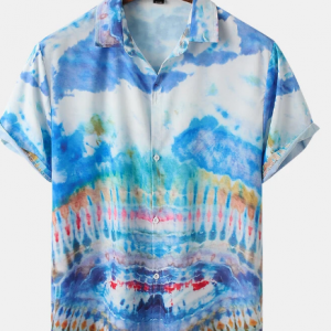 Mens Colorful Tie Dye Button Up Lapel Curved Hem Street Shirt discountshub