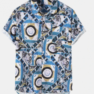 Mens Geometric & Figure Pattern High-Low Hem Short Sleeve Shirt discountshub