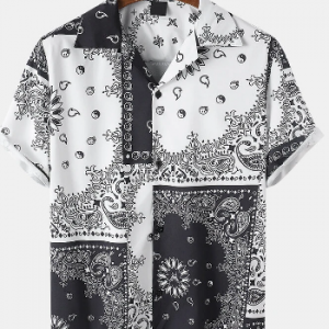 Mens Monochrome Ethnic Pattern Revere Collar Short Sleeve Holiday Shirts discountshub