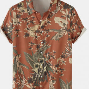 Mens Plant Floral Print Lapel Button Up Short Sleeve Shirt discountshub