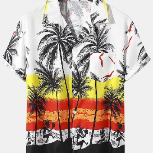 Mens Revere Collar Holiday Coconut Tree Print Shirt With Pocket discountshub