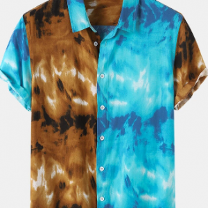 Mens Tie Dye Lapel Curved Hem Short Sleeve Shirt discountshub