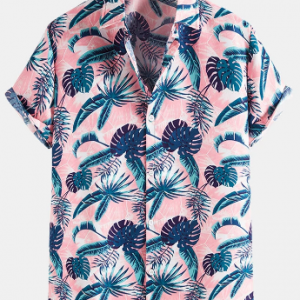 Mens Tropical Leaf Pattern Button Up Short Sleeve Shirt discountshub