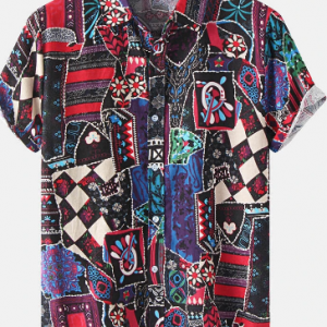 Plus Size Mens Irregular Ethnic Pattern Print Casual Shirt discountshub