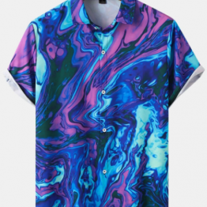 Mens Abstract Marble Pattern Button Up Street Short Sleeve Shirts discountshub