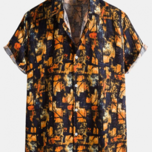 Mens All Over Abstract Print Button Up Vintage Short Sleeve Shirts discountshub