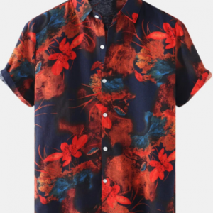 Mens All Over Flower Printed Lapel Holiday Short Sleeve Shirts discountshub