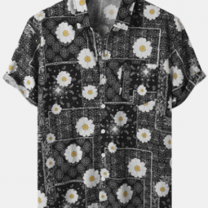 Mens Baroque Daisy Printed Ethnic Style Pocket Short Sleeve Shirts discountshub