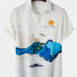 Mens Chinoiserie Landscape Painting Print White Short Sleeve Shirt discountshub