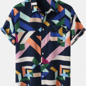 Mens Colorful Geometric Print Street Short Sleeve Shirts With Pocket discountshub