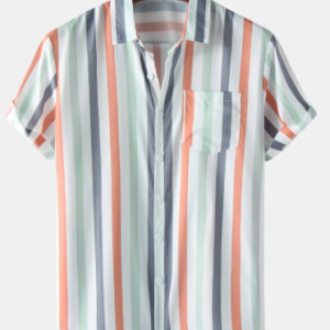 Mens Colorful Striped Button Up Short Sleeve Shirt With Pocket discountshub