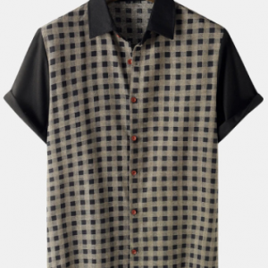 Mens Contrast Check Button Up Casual Cotton Short Sleeve Shirts discountshub