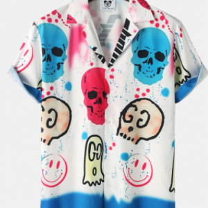 Mens Doodle Skull Print Revere Collar Short Sleeve Shirt discountshub