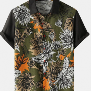 Mens Floral Pattern Contrasting Colors Patchwork Short Sleeve Shirt discountshub