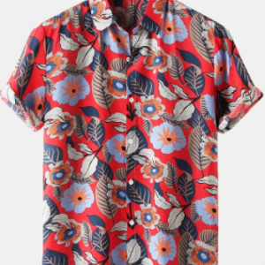 Mens Flower Leaf Print Button Up Holiday Short Sleeve Shirts discountshub