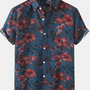 Mens Flower Plant Print Lapel Holiday Short Sleeve Shirts discountshub