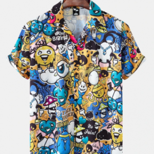 Mens Funny Cartoon Print Revere Collar Street Short Sleeve Shirts discountshub