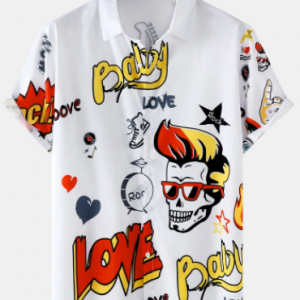 Mens Funny Skull Letter Print Lapel White Short Sleeve Shirt discountshub