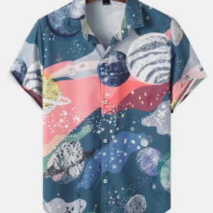 Mens Galaxy Planet Print Lapel Short Sleeve Curved Hem Shirt discountshub