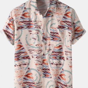 Mens Geometry Abstract Pattern Short Sleeve Shirt With Pocket discountshub