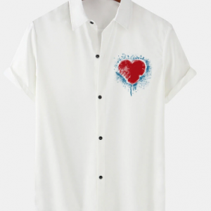 Mens Heart Spray Print Lapel Casual Short Sleeve Shirts discountshub