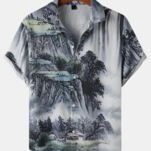 Mens Ink Mountain Printing Short Sleeve Chinoiserie High-Low Hem Shirt discountshub