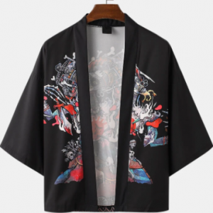 Mens Japanese Style Skull Pattern Open Front Shirt discountshub