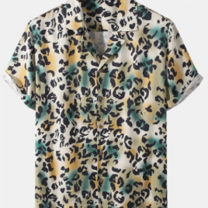 Mens Leopard Revere Collar Short Sleeve High-Low Hem Shirt discountshub